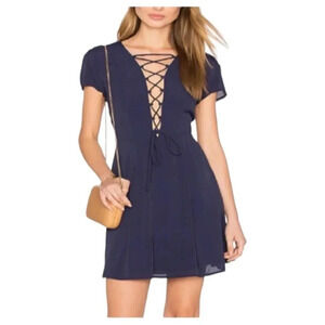 PRIVACY PLEASE By REVOLVE PHILLIPS LACE OPEN FRONT MINI DRESS NAVY SIZE SMALL